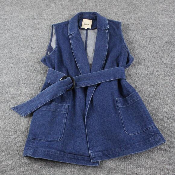 Sezane Jacket Small Antonina Vest Denim Blazer Belted Sleeveless Waistcoat Blue - Picture 2 of 10
